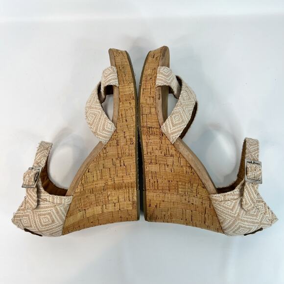 Toms Platform Cork Wedge Sandal Size 9.5 Strappy Canvas Beige Cream Espadrille - Picture 7 of 9
